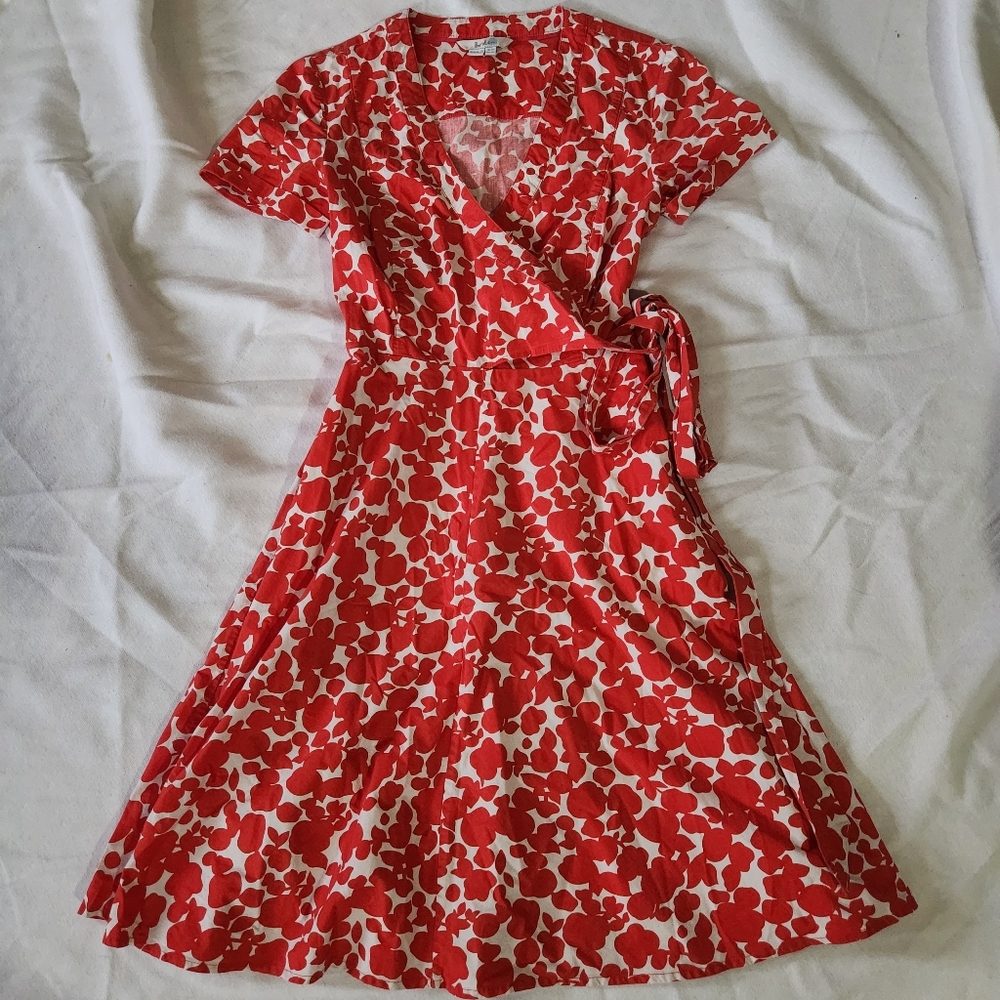 Boden Lara Red Floral Wrap Dress 2R | Cotton Fit & Flare Short Sleeve